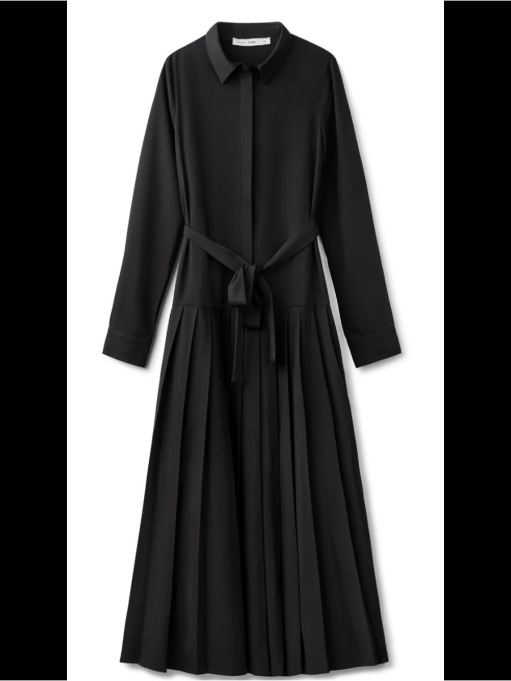 Womens Black Long-Sleeve Pleated Dress with Waist Tie